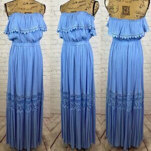 Fashion Nova Crinkly Baby Blue Strapless Lace Cutout Maxi